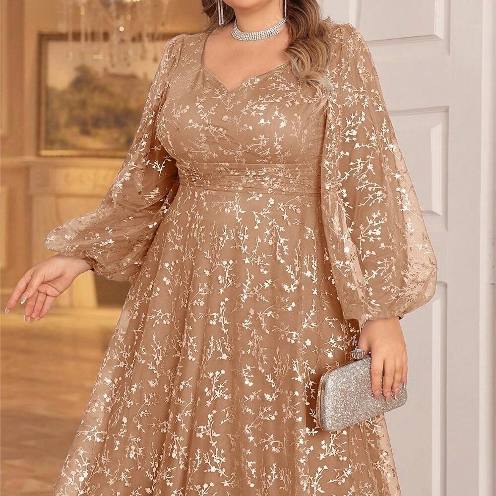 Champagne Preppy Women's Floral Mesh Party Evening Gown - Picture 7 of 7